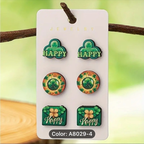3 Pairs NIP St. Patrick's Day Lucky Shamrock Leprechaun Wooden Post Earrings - Picture 1 of 1
